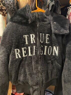 True Religion Black Faux-Fur Zip-Up Hoodie